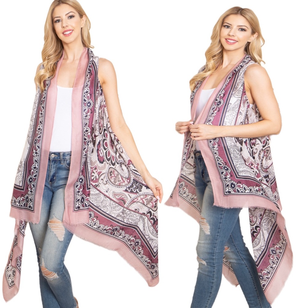 Pink Linen Boho Paisley Bandana Print Longline Western Vest 10 12 14 Womens Top